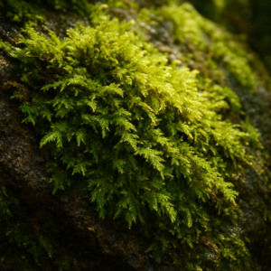 Green moss growing on a rock surface.