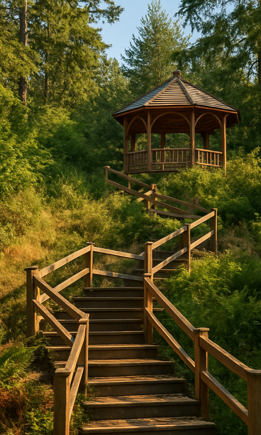 Wooden staircase leading up to a gazebo surrounded by green trees and foliage.
