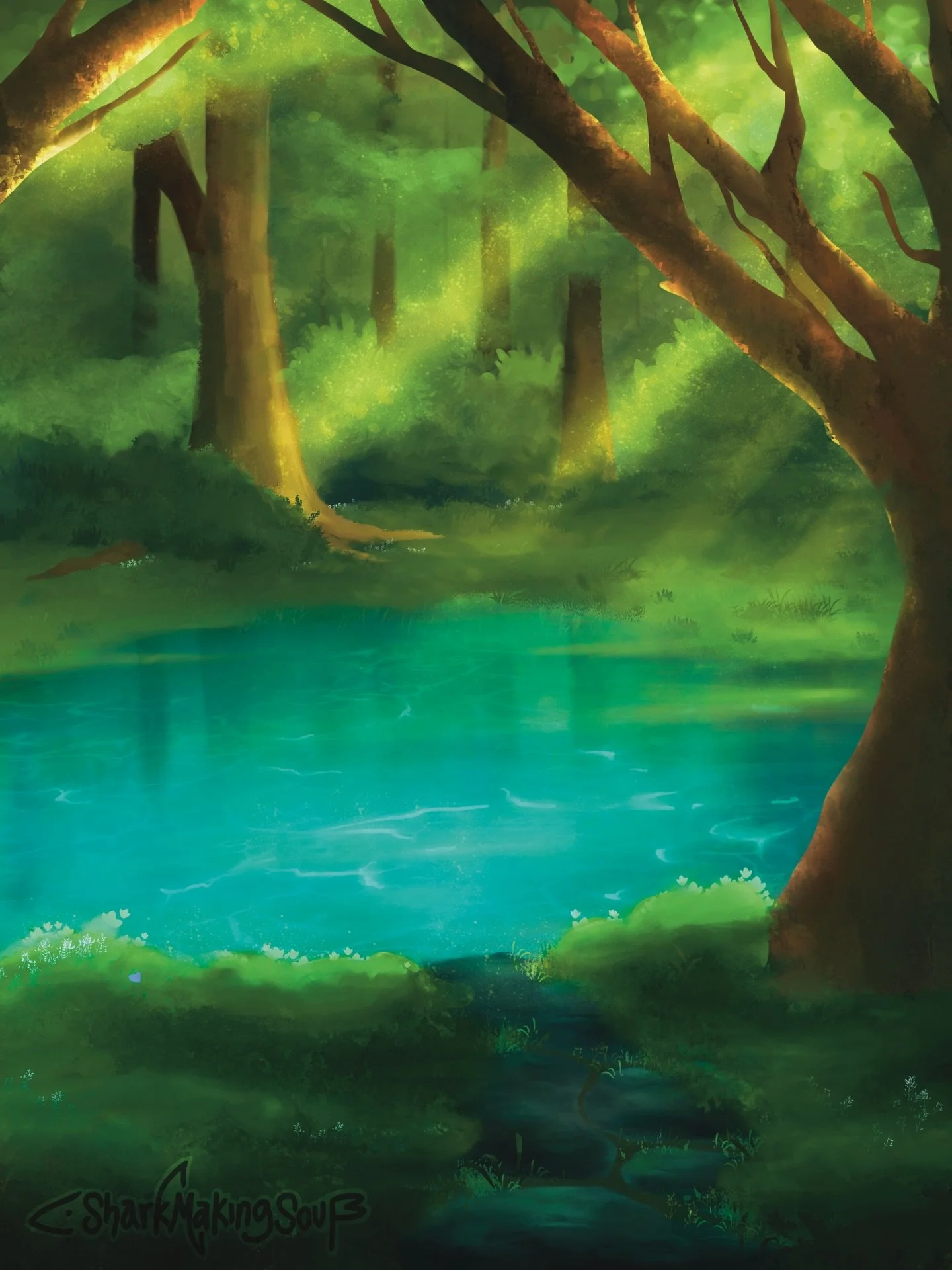 Another landscape practice. I love how this one came out 💚💚 
&bull;
&bull;
&bull;
&bull;
&bull;
&bull;
&bull;
#landscape #digital #procreate #pond #illistration