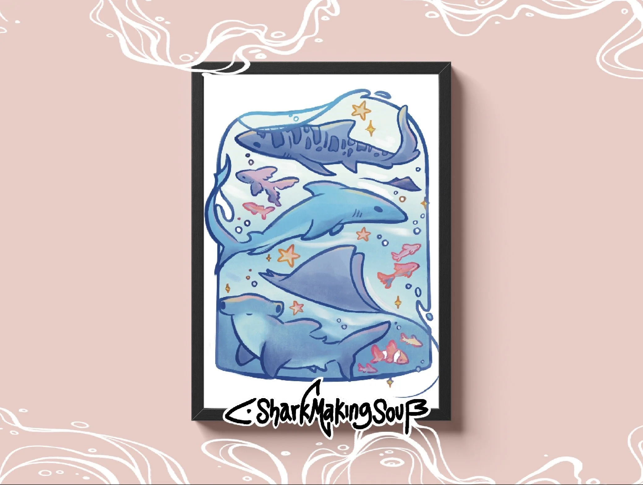 Whale and Shark Jar Illustration Rolled Poster | Ocean Creatures Digital Art Print