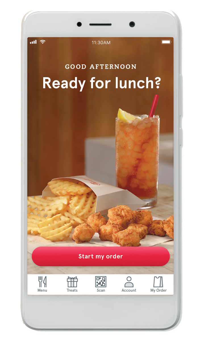 Iphone with Chick-fil-A app on screen.