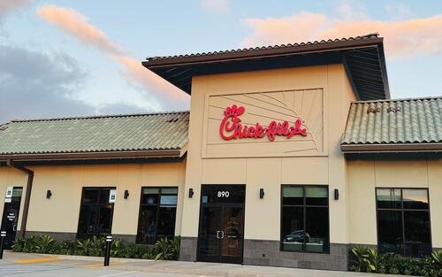 Exterior of Chick-fil-A Kamokila, incuding the front door