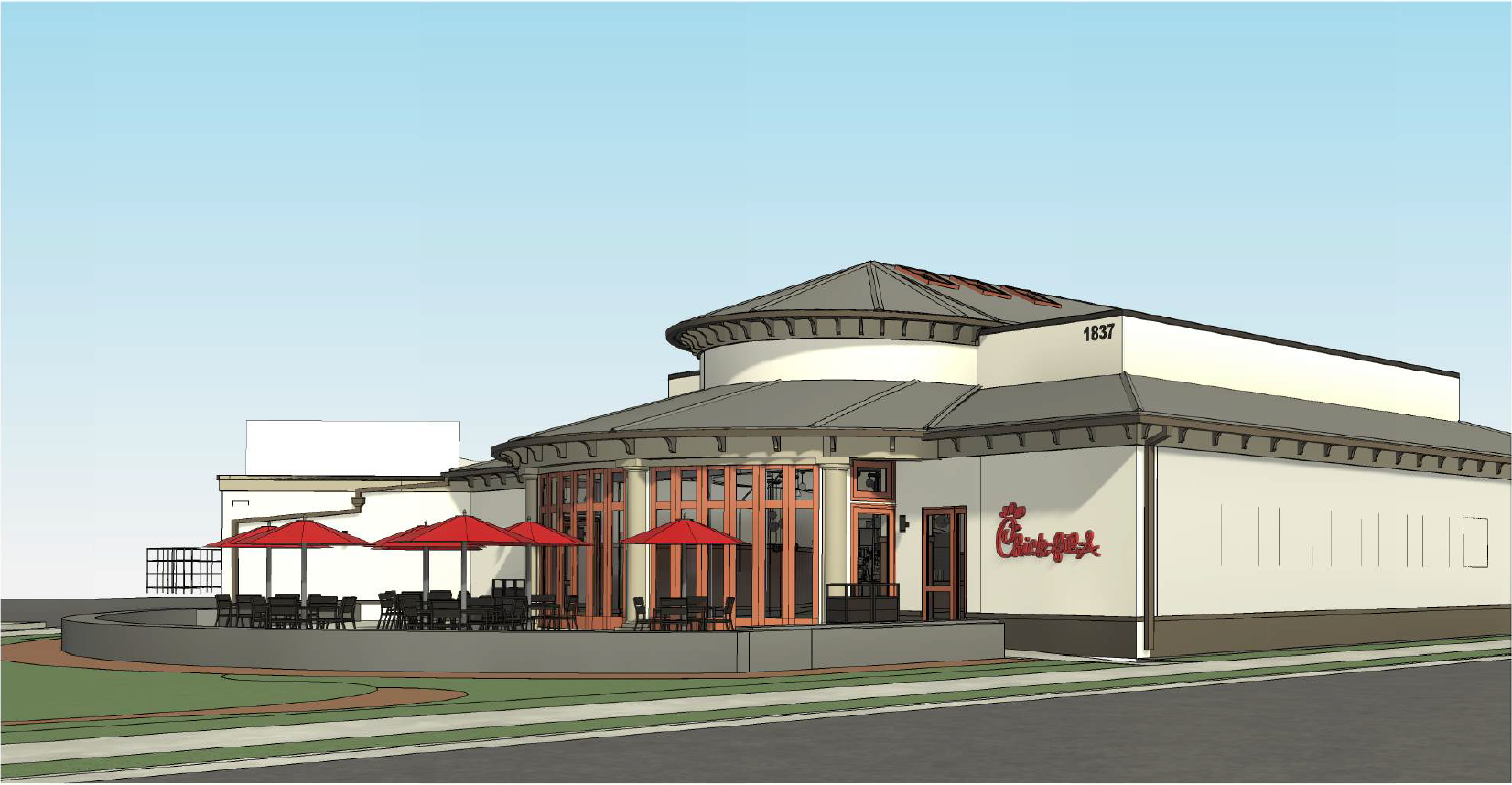 Rendering of the exterior of Chick-fil-A Kapiolani & Kalakaua, including outdoor seating and red umbrellas