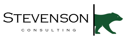 Logo for Stevenson Consulting with text and a green bear silhouette.