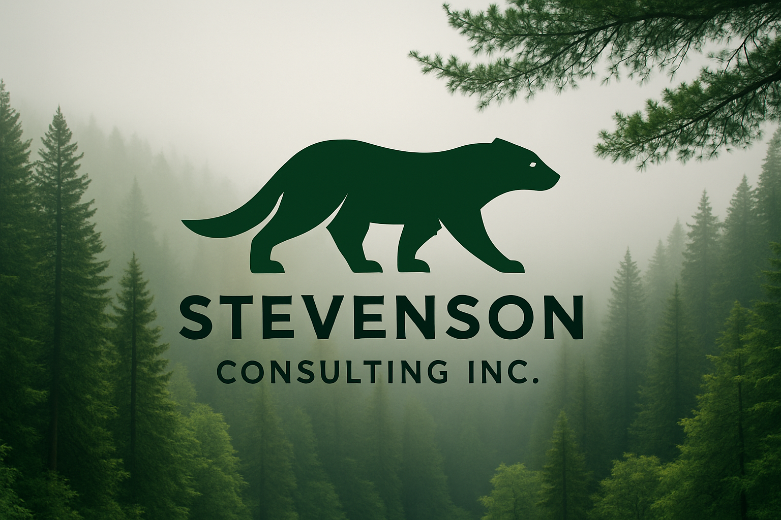 Logo of Stevenson Consulting Inc. featuring a stylized green animal silhouette, with a forest background.