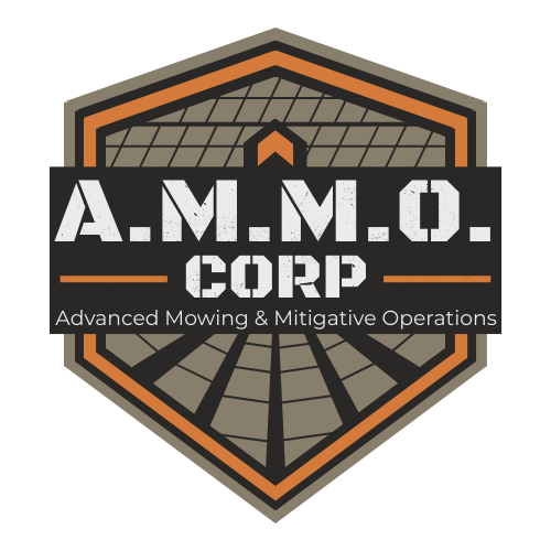 Logo for A.M.M.O. CORP with the tagline 'Advanced Mowing & Mitigative Operations' featuring a stylized landscape design.