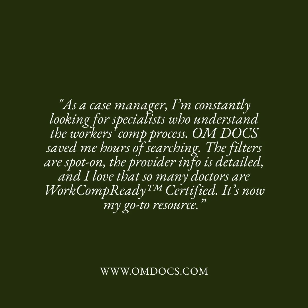 Real feedback from the field. 👏
Case managers rely on OM Docs to quickly find WorkCompReady&trade; Certified physicians who understand the workers&rsquo; compensation process. 

#omdocs #workerscomp #omdirectory #findadoctor