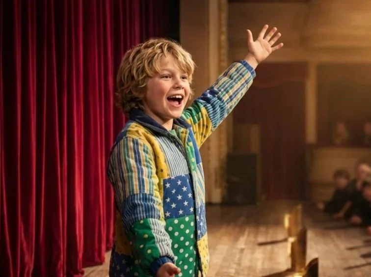 A young boy with curly blonde hair smiling and raising his right hand on stage in front of a red curtain, with an audience in the background.