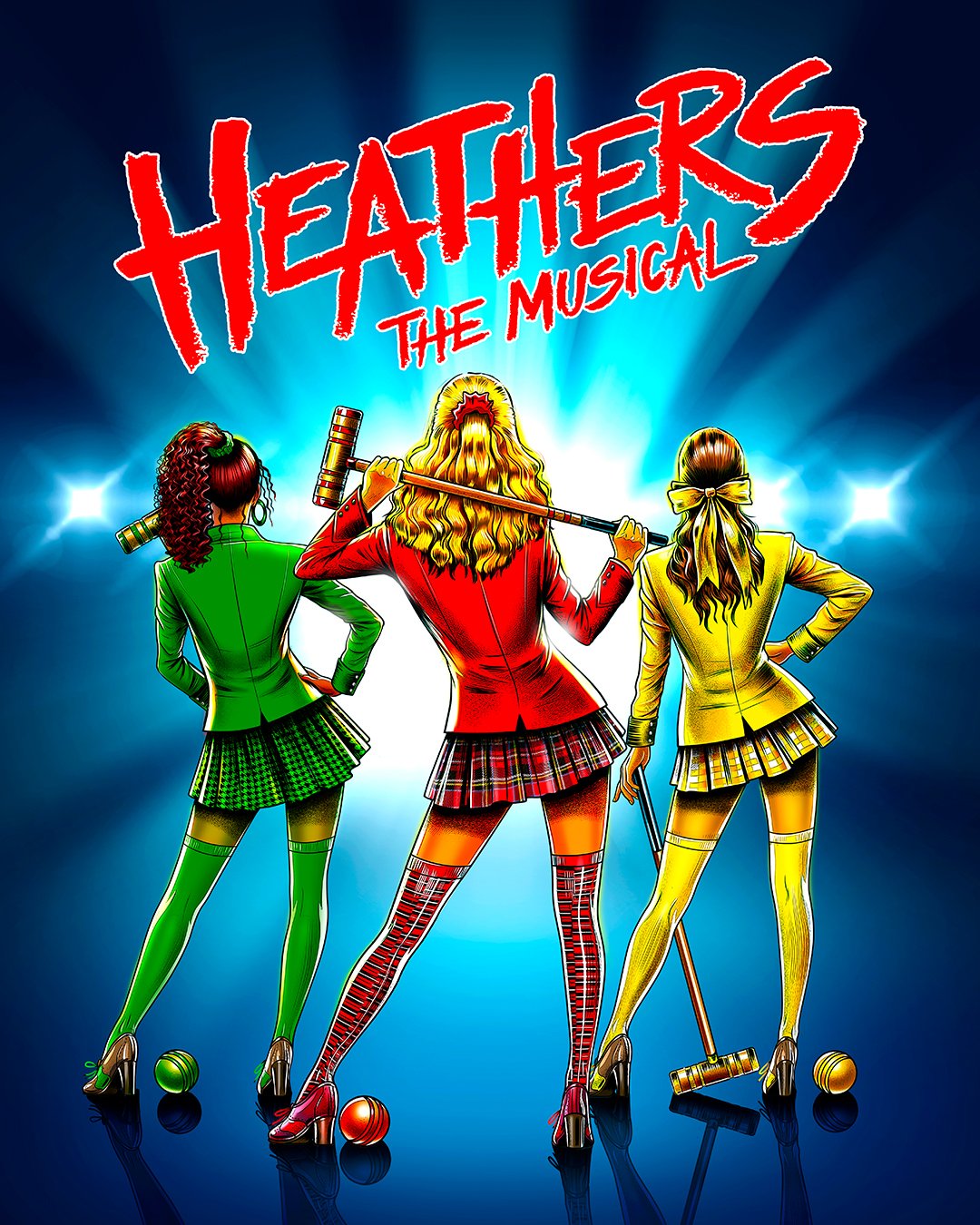 Promotional poster for the musical 'Heathers' off-Broadway revival. Featuring three women in colorful plaid skirts and matching blazers. The title 'Heathers the Musical' is displayed at the top in red text.