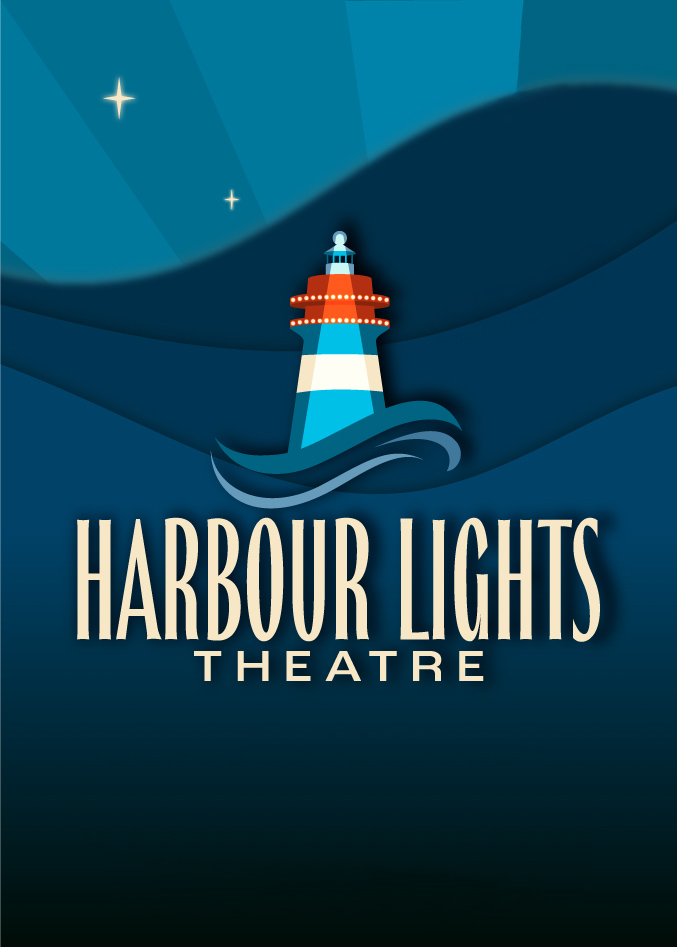 Logo for Harbour Lights Theatre featuring a lighthouse in the ocean with waves, stars, and a dark blue background.