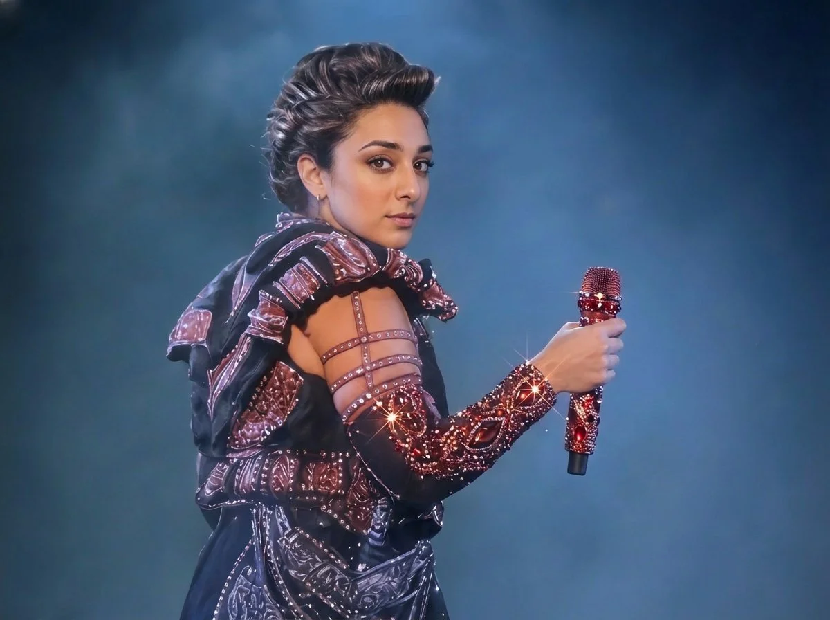 A woman holding a sparkly red microphone, dressed in a black and pink embroidered outfit with open shoulder sleeves, against a dark blue background.