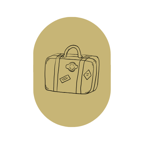 Line drawing of a suitcase with travel stickers on it, set against a beige oval background.