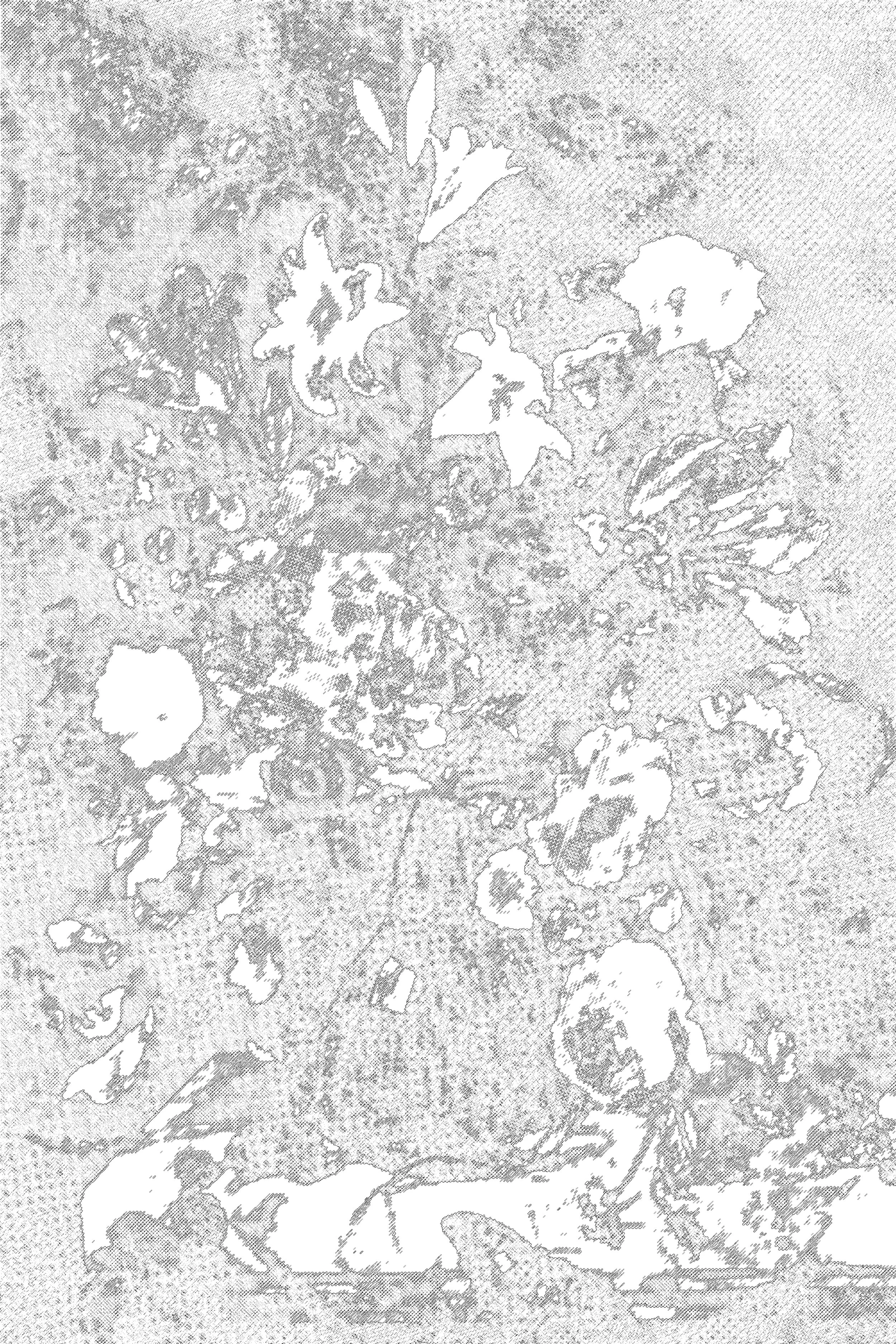A line drawing illustration of extruded floral patterns in grayscale. 