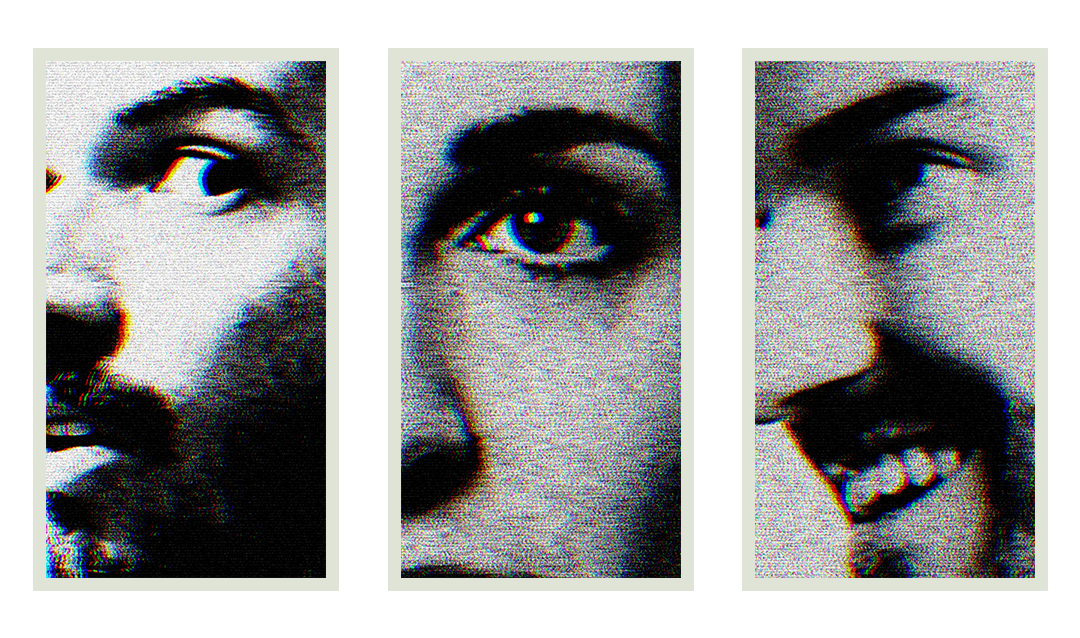 Close-up triptych featuring a close crop of each band member's face with a glitch effect applied. Each crop showcases a distinctive feature, gaze and smile across the three sections, with a vibrant, distorted digital appearance.