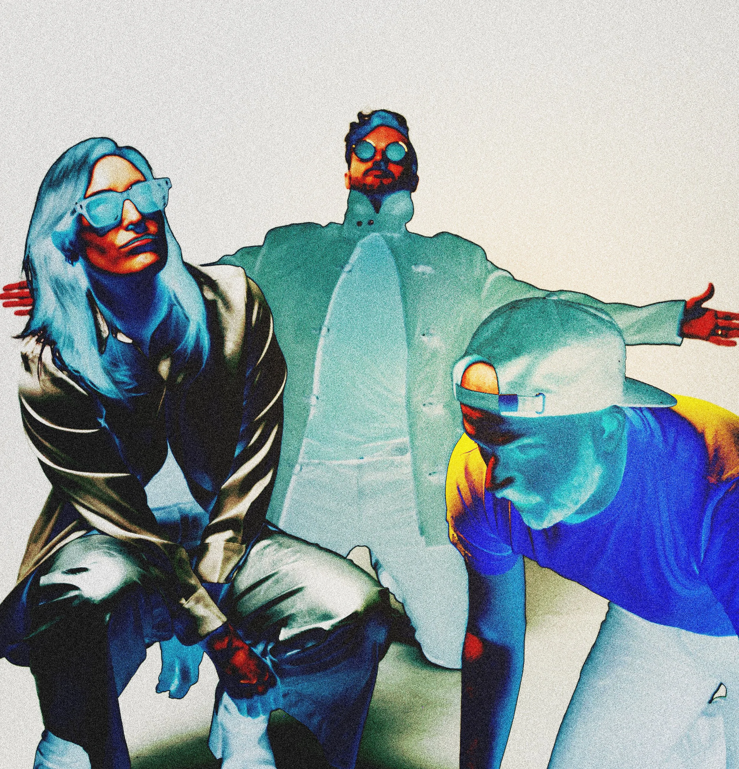 A colorful digital illustration of three people, with two wearing sunglasses, striking dynamic poses against a plain background.