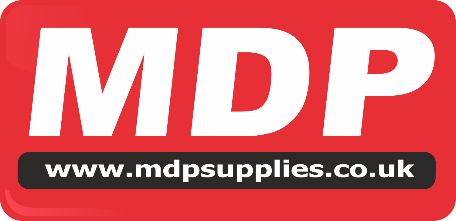Red rectangular logo with bold white letters 'MDP' and black strip with white text 'www.mdpsupplies.co.uk'