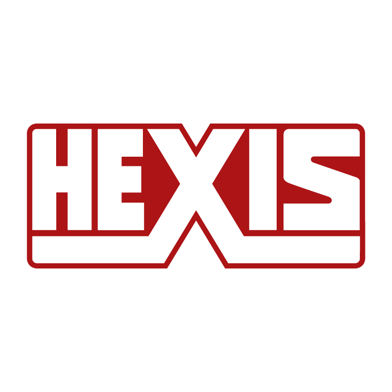 The word 'HEXIS' in large white and red block letters on a black background.