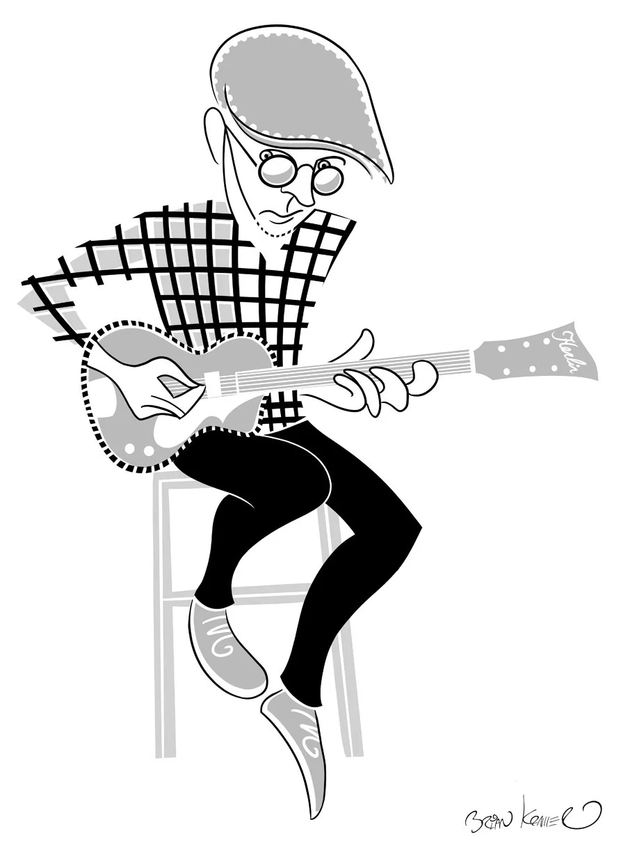 Jim Herlin, Swedish luthier in Stockholm, crafting Nymph guitars with Scandinavian woods, folklore craft and acoustic‑inspired design, drawing Brian Kramer