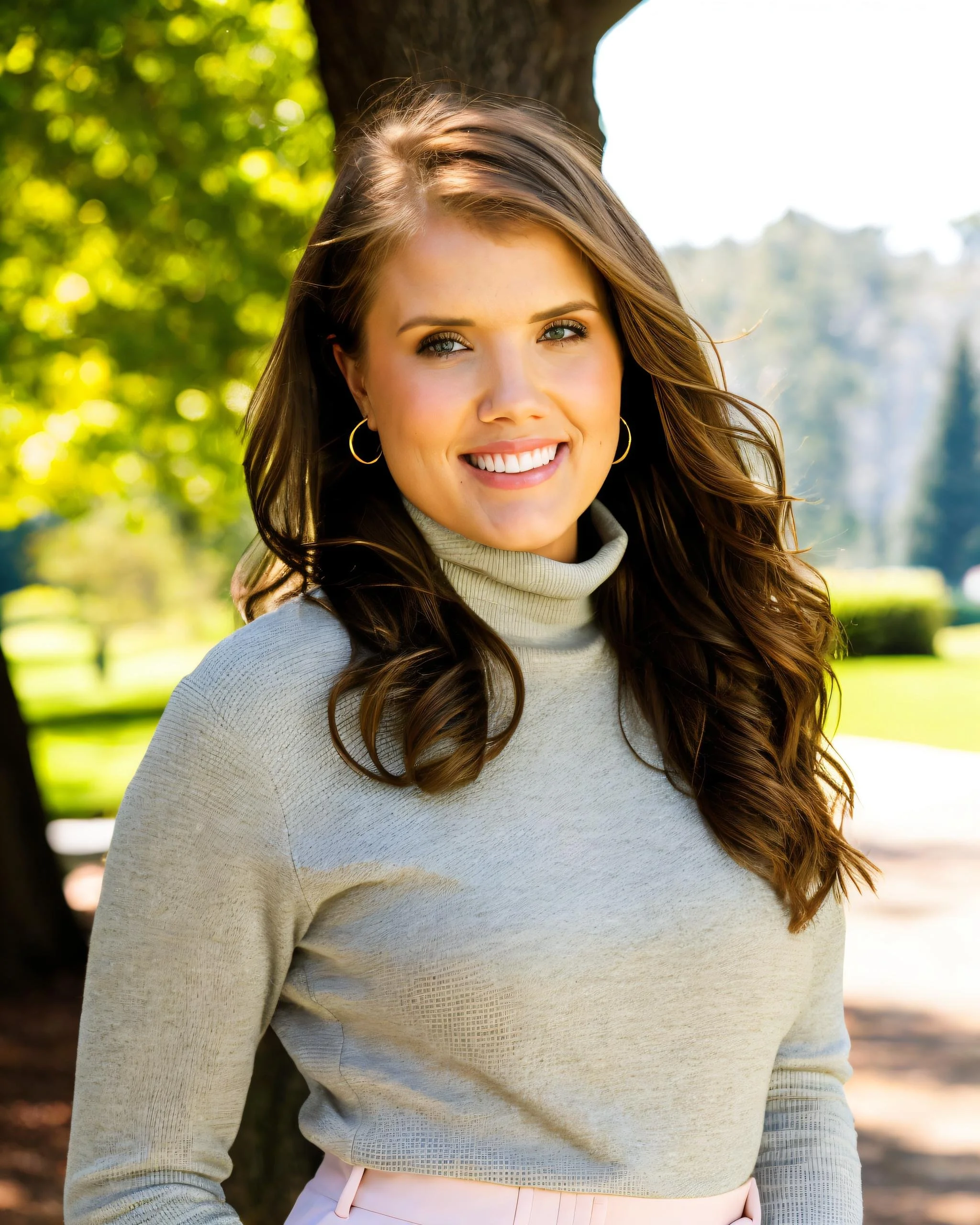A smiling woman with long wavy brown hair wearing a beige turtleneck sweater and pink pants standing outdoors in a park with trees and greenery in the background.