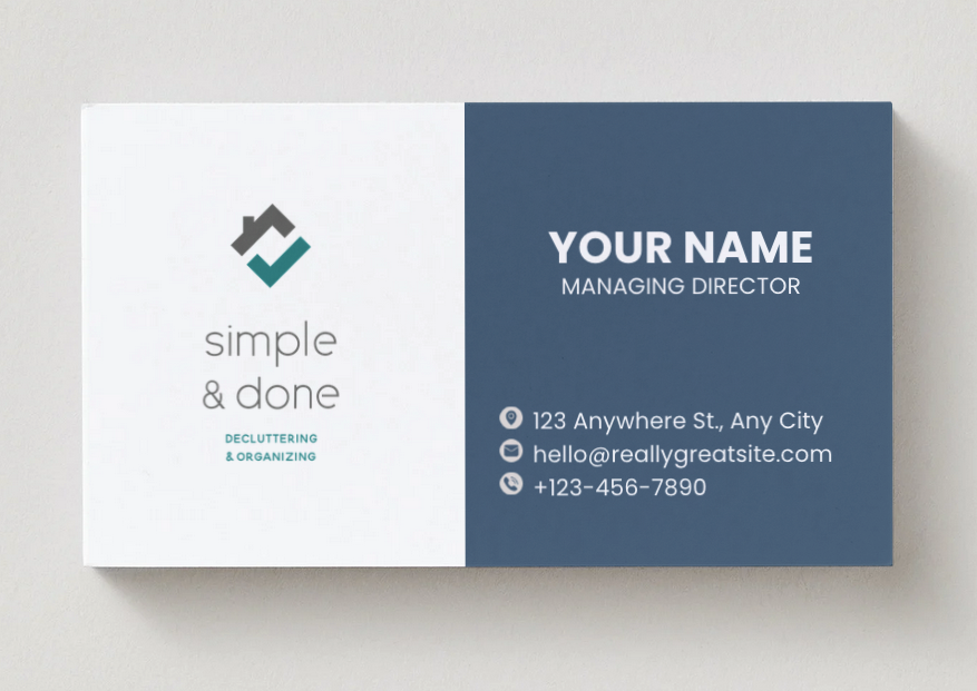 This business card design emphasizes simplicity, clarity, and balance. A clean split layout creates visual structure, while restrained typography and subtle iconography keep the information easy to read and approachable. The muted color palette reinf