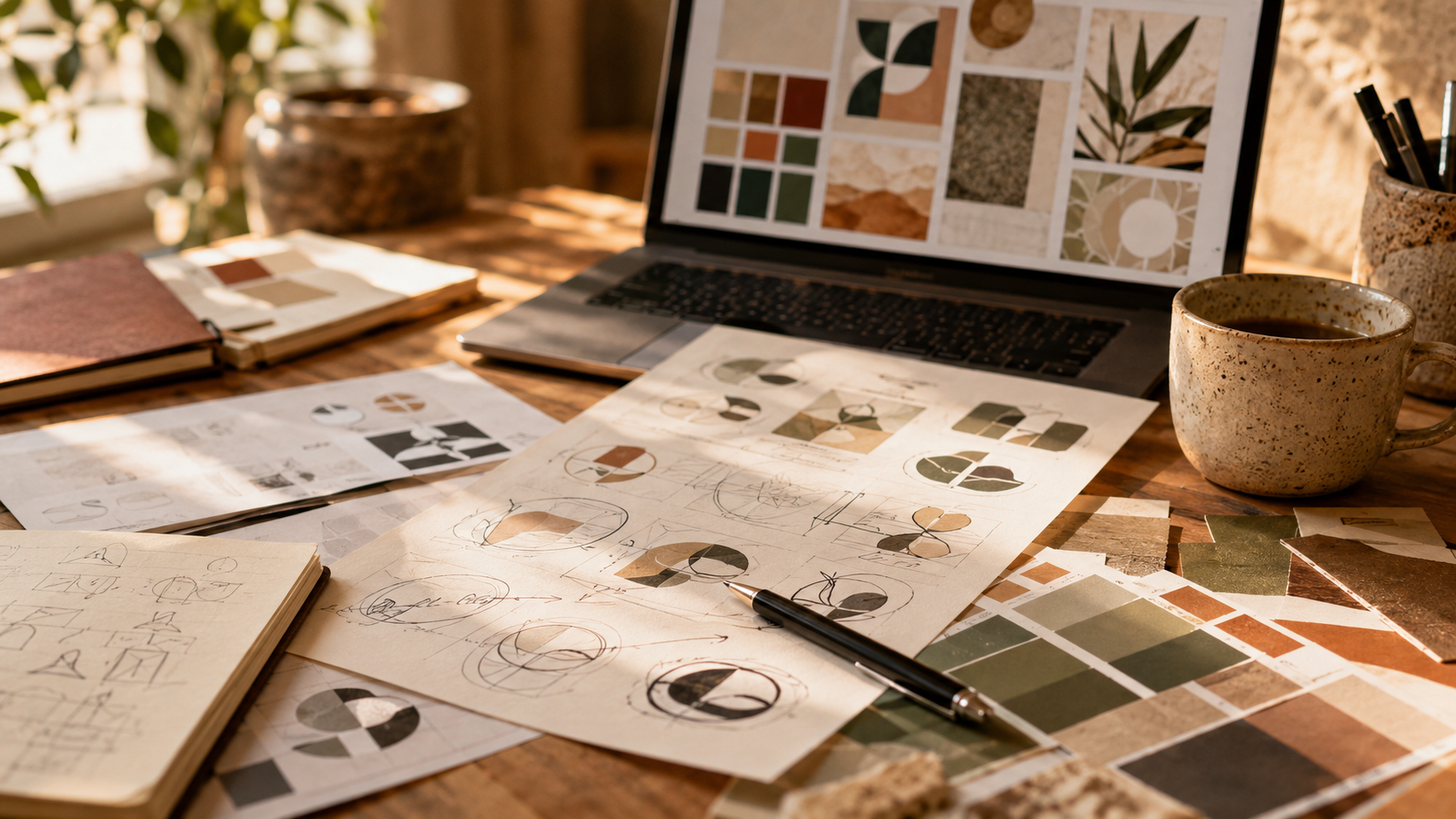 Warm designer workspace with a laptop displaying abstract moodboard concepts, surrounded by printed logo sketches, handwritten notes, color swatches, and a pen marking up design ideas.