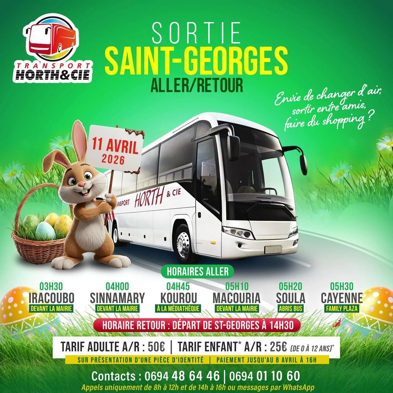🌴✨ SORTIE &Agrave; SAINT-GEORGES &ndash; 11 AVRIL ✨🌴 

Envie d&rsquo;&eacute;vasion et de d&eacute;paysement ? Rejoins-nous pour une sortie exceptionnelle &agrave; Saint-Georges ! 🤗

📅 Deux formules au choix : 

🚍Option 1 : 11 avril Aller-retour