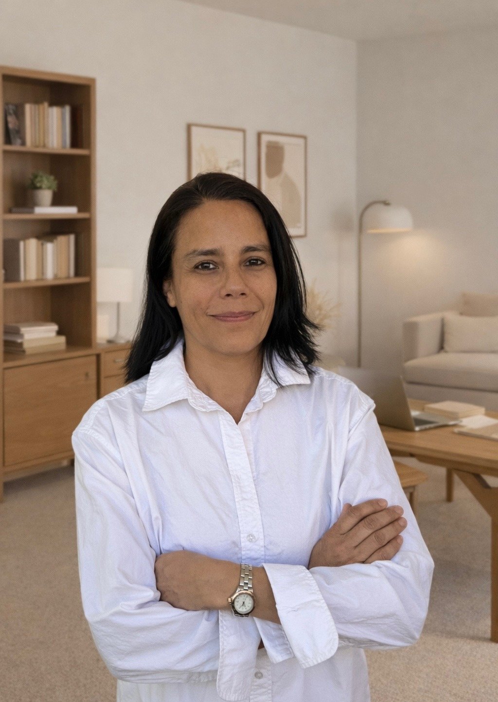 A woman with black hair wearing a white shirt and a watch, standing with arms crossed in a modern living room with wooden furniture and bookshelves.