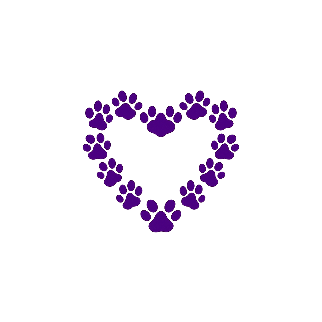 Purple paw prints arranged in a heart shape on a black background.