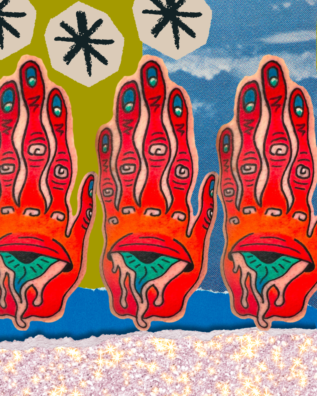 Colorful abstract artwork featuring stylized, elongated red and orange hand shapes with blue details, set against a sky background with clouds, green and yellow sections, and a sparkly ground with star-like shapes.