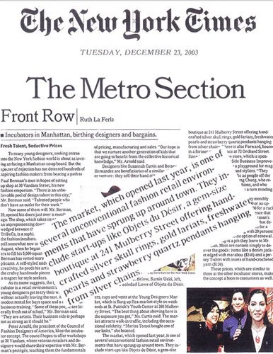 Front page of The New York Times newspaper dated Tuesday, December 23, 2003, featuring articles on the Metro Section, with a photograph of Ruth La Ferla and another of four women, along with accompanying headlines.