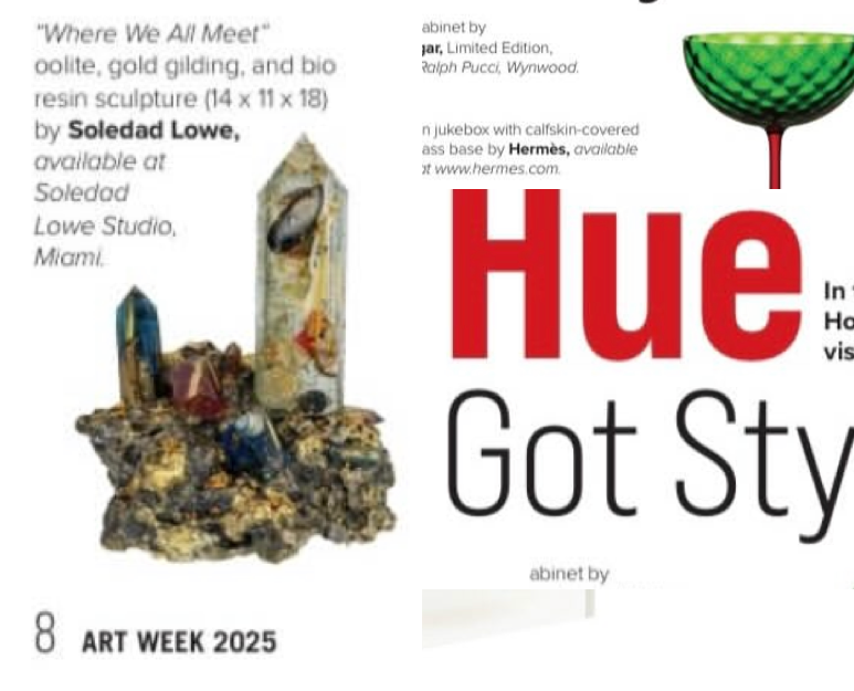 A photo of an art exhibition with a sculpture featuring multicolored crystals and a text paragraph on the left side, and large, bold red and black text reading 'Hue Got Sty' on the right side, associated with Art Week 2025.