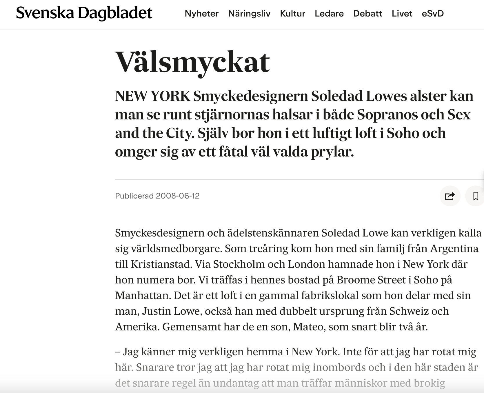Screenshot of a Swedish news article titled 'Välsmyskat' from Svenska Dagbladet, published on June 12, 2008, featuring text about jewelry designer Soledad Lowe living in a Soho loft in New York.