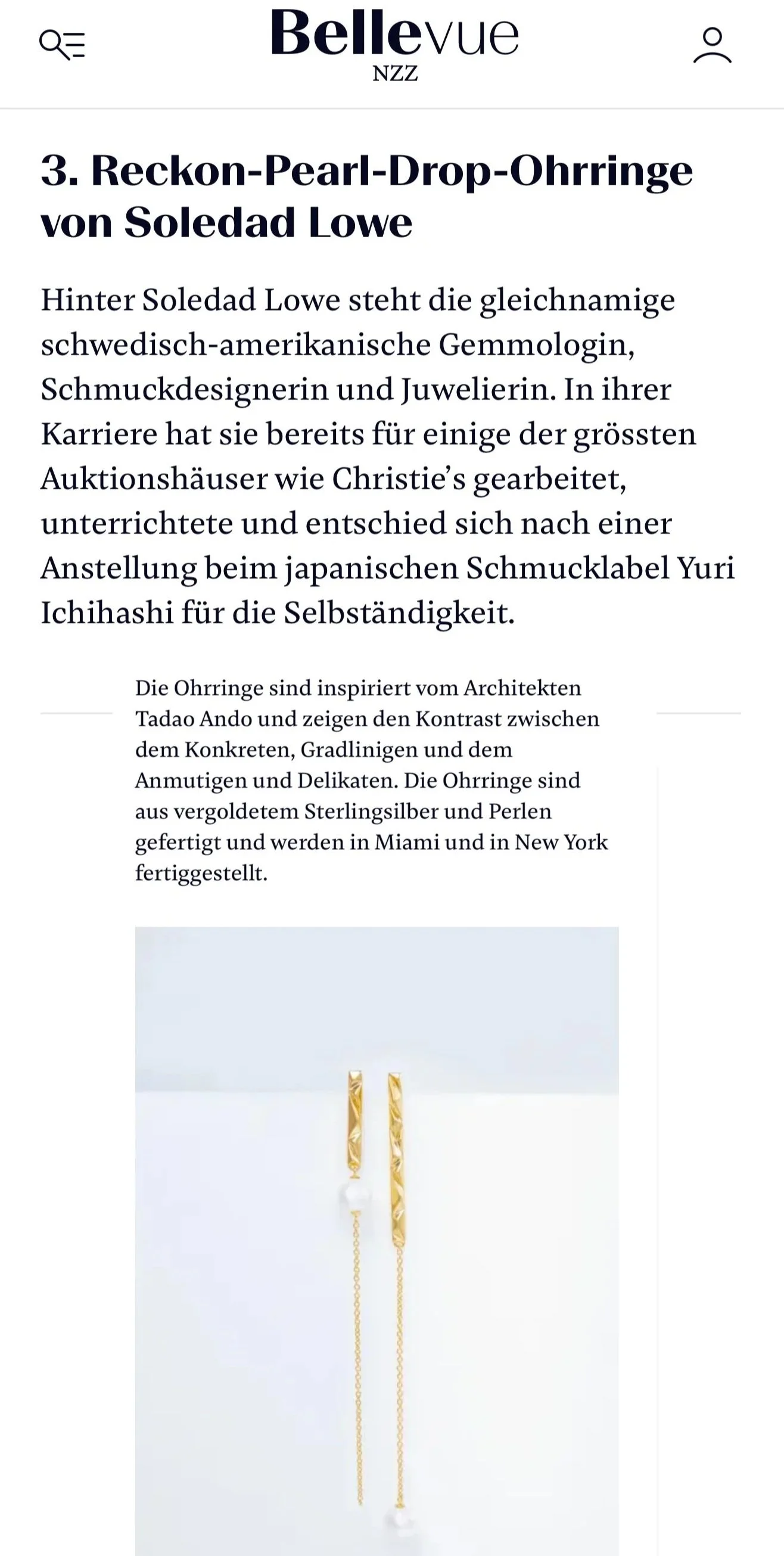 Screenshot of a webpage from Bellevue NZZ featuring a story about earrings inspired by architect Tadao Ando, with an image of gold earrings with long chains.