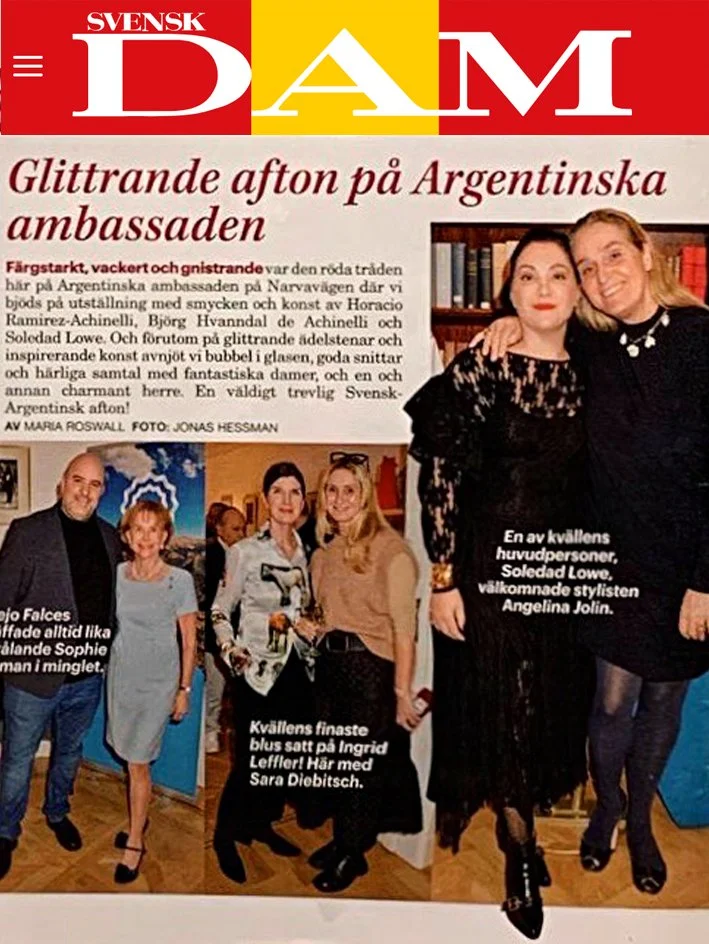 Swedish magazine page featuring a headline about an Argentine embassy event and photos of several women, including one in a black dress and two standing close together, smiling.
