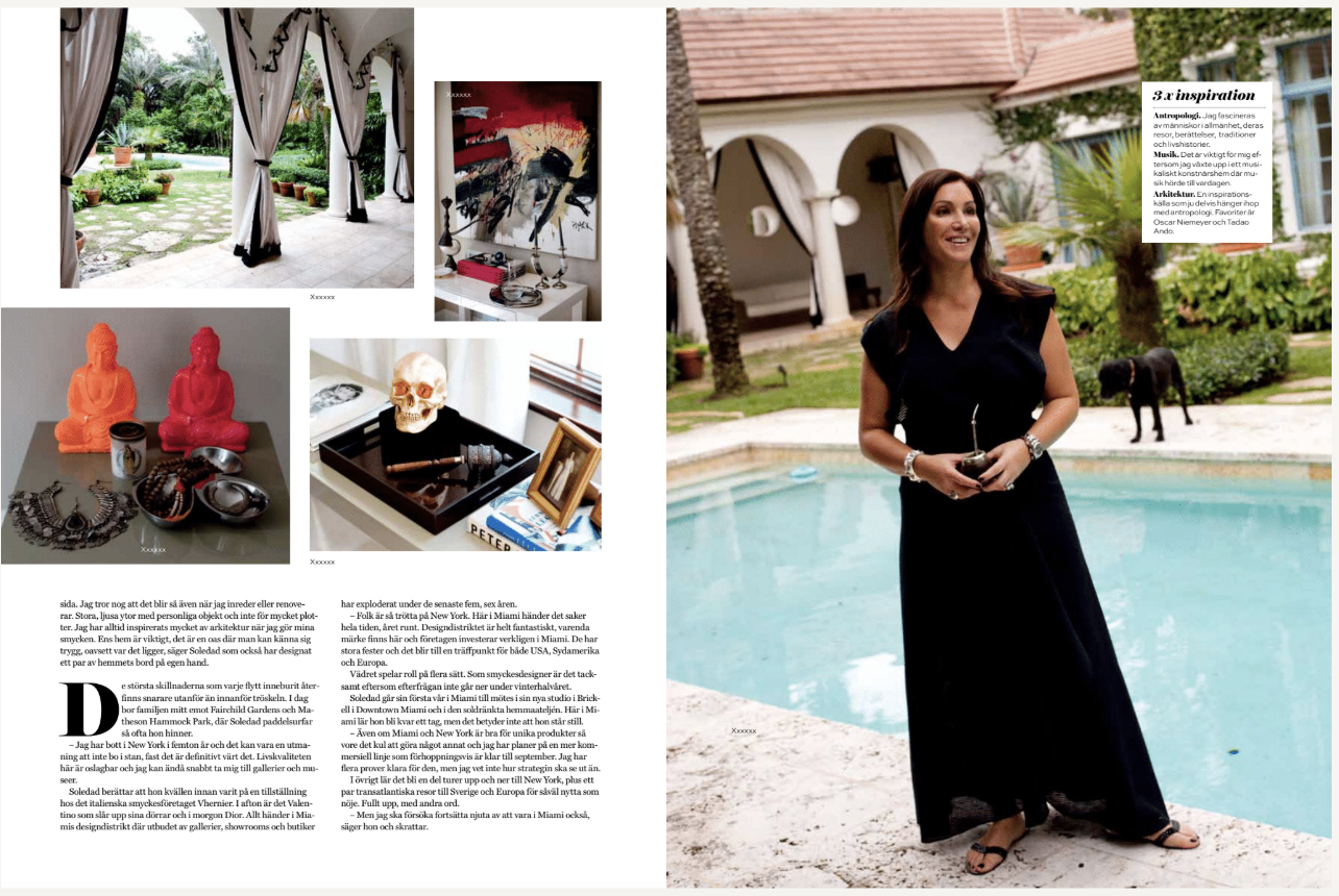 A woman in a black dress stands by a swimming pool outside a house with arches and trees. A black dog is nearby. The image is part of a magazine spread with text in Swedish and smaller images including a garden view, art on a wall, Buddha statues, a 