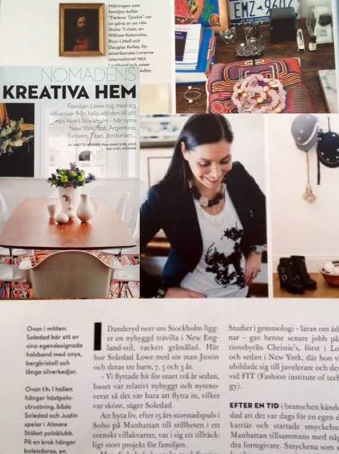 Collage of interior decor and objects, including a framed picture, a poster with text, a dining table with a flower arrangement, a woman smiling, a colorful bag, a desk setup with headphones and accessories, and various decorative items on the wall.