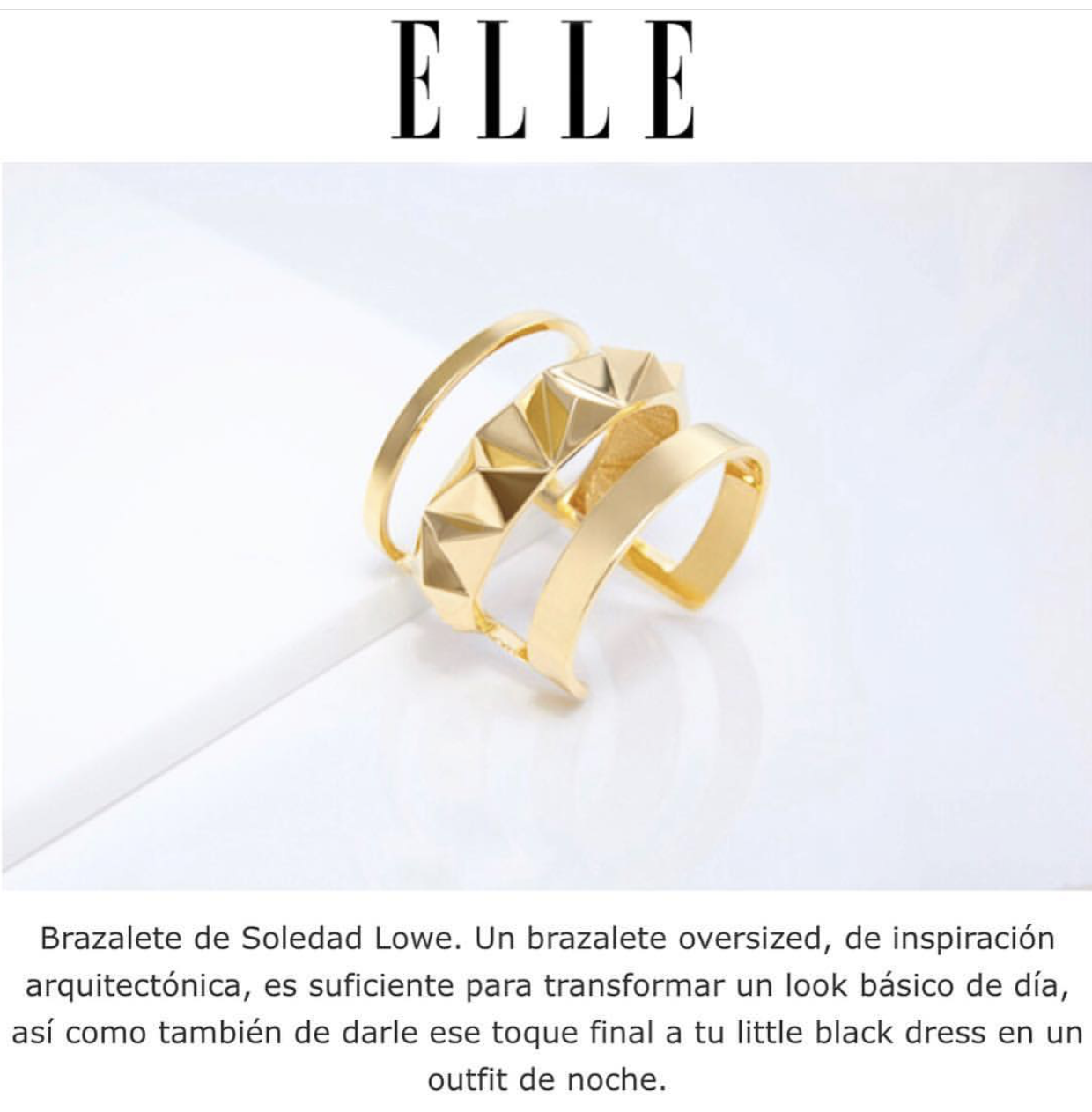 Gold geometric wide bracelet rings on a white surface with ELLE magazine at the top and Spanish text describing the jewelry.