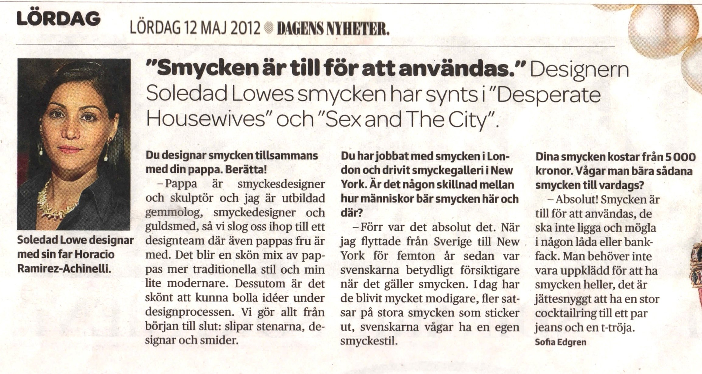 A Swedish newspaper article from May 12, 2012, featuring a woman with dark hair and earrings, wearing a black jacket with a necklace. The headline quotes 'Jewelry is for use.' The article discusses jewelry designer Soledad Lowe and her father Horacio