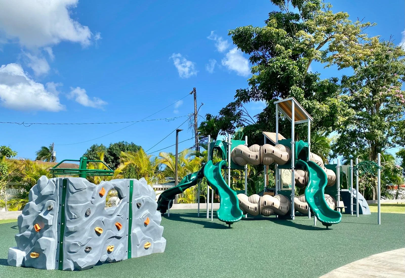 Colorful playground with climbing wall and multiple slides in an outdoor park under blue sky with trees and clouds.