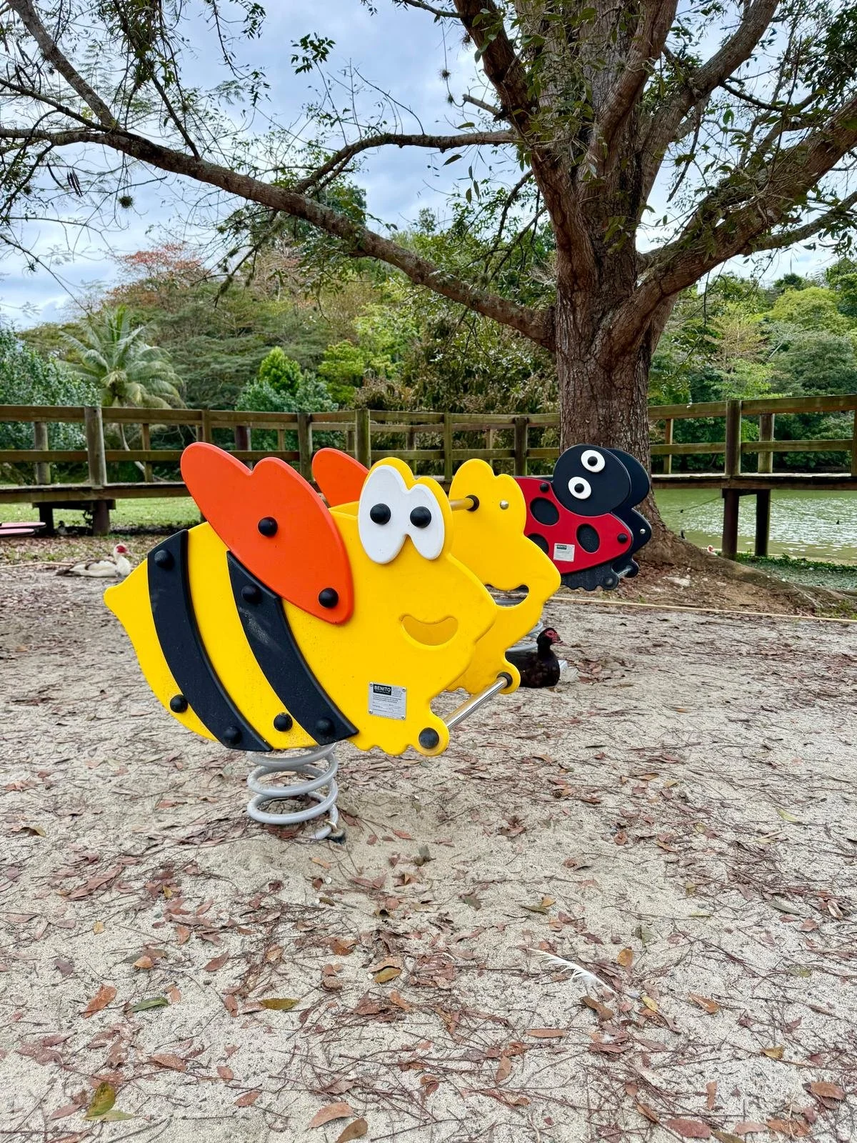 Colorful playground spring rider shaped like a bee and a ladybug, set outdoors on sandy ground next to a large tree and a pond, with a wooden fence and greenery in the background.