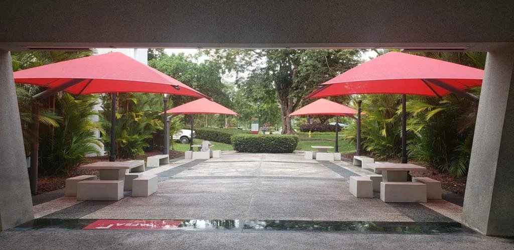 View of outdoor seating area with pink umbrellas, concrete benches, and lush green plants.