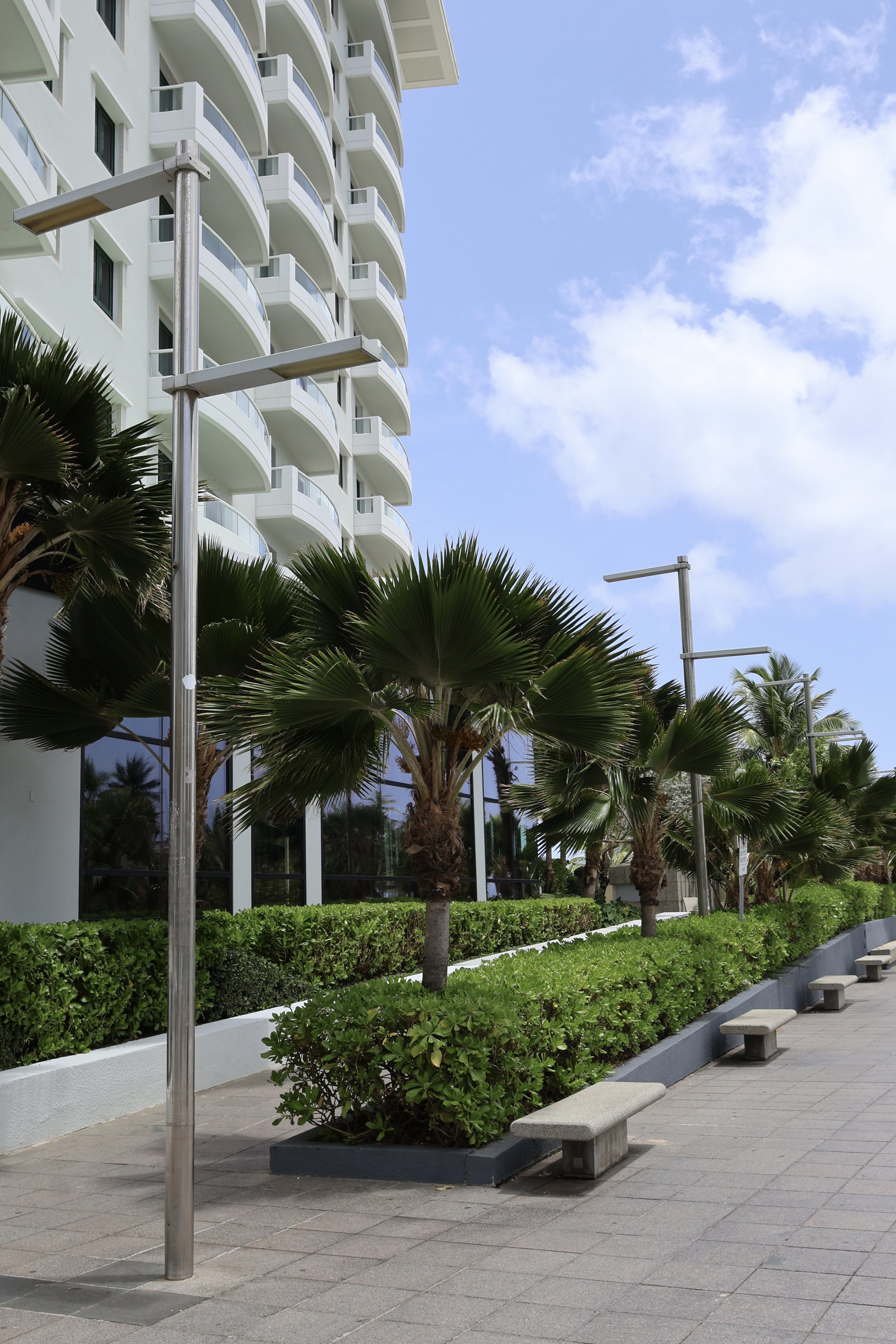 View of a sidewalk with palm trees, benches, and lampposts in front of a modern apartment building with balconies, under a partly cloudy sky.