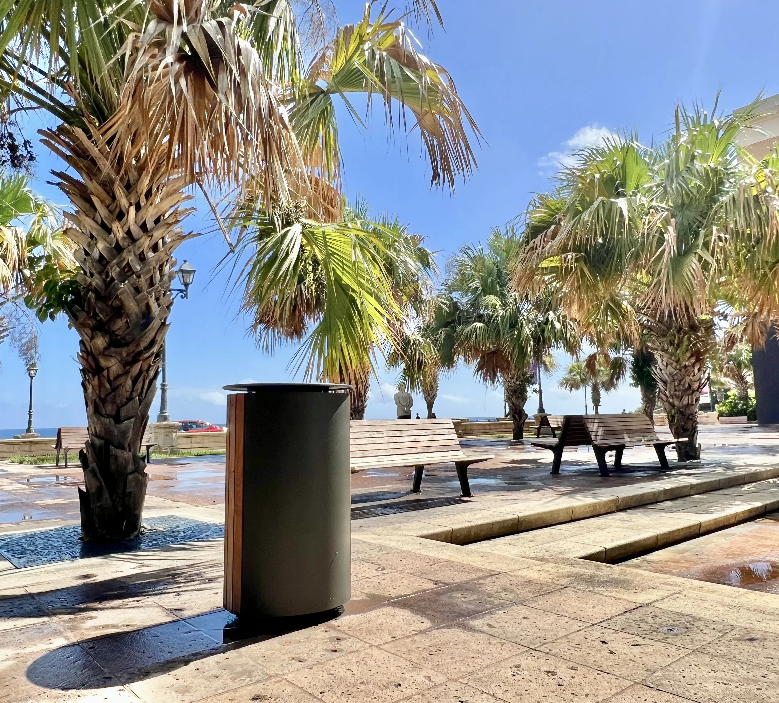 Palm trees lining a paved area with benches, decorative street lamps, and a view of the ocean in the background, under a bright blue sky.