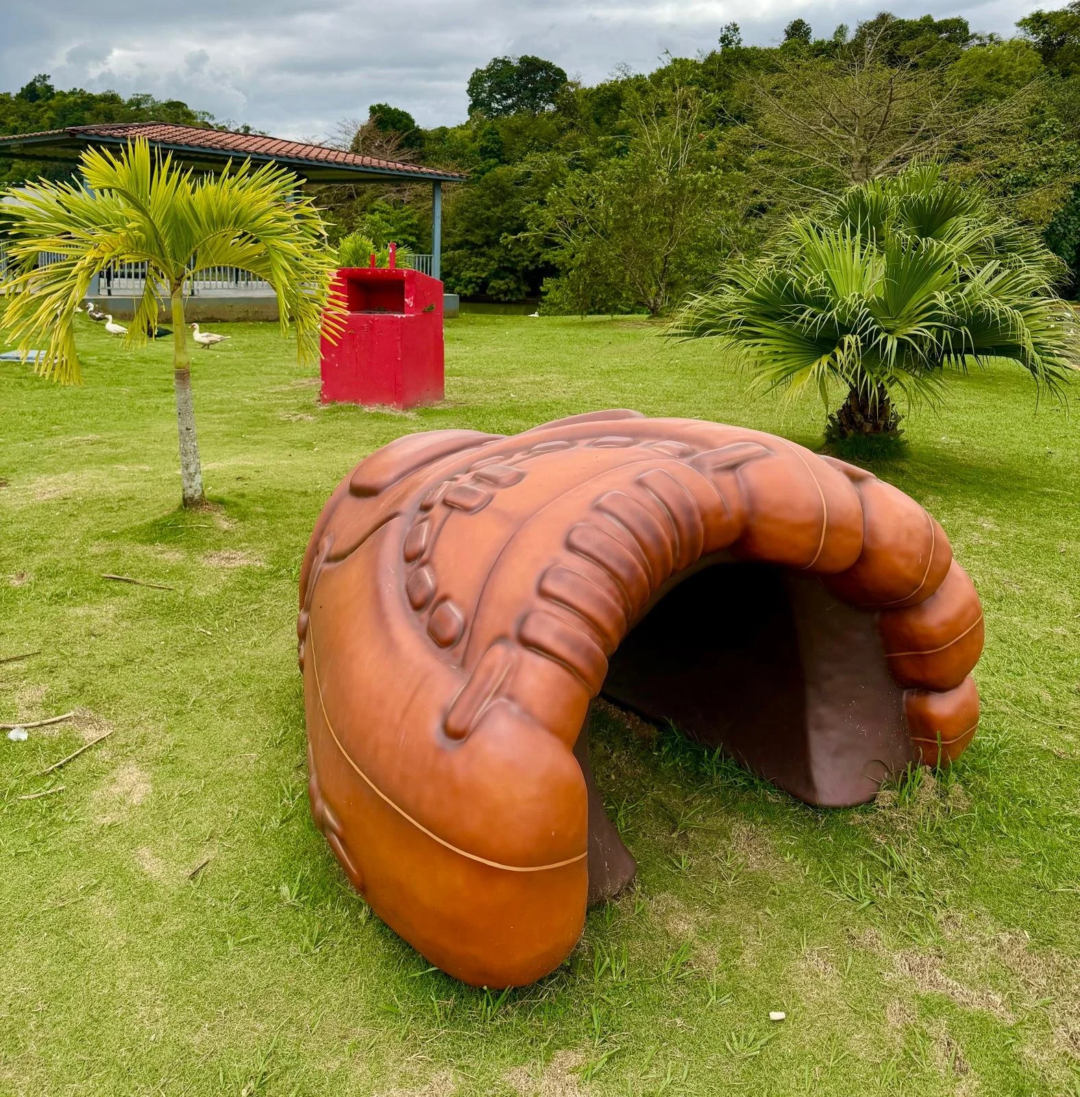 A playground area with a large, brown, tunnel-shaped play structure resembling a cinnamon roll, green grass, palm trees, and a small red structure in the background. There are also some white ducks near the house in the background.