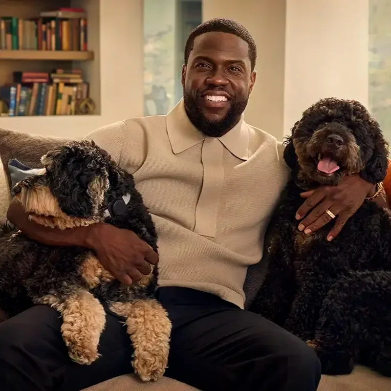 A man sitting on a couch holding two black and brown dogs, smiling at the camera in a cozy living room with bookshelves in the background.