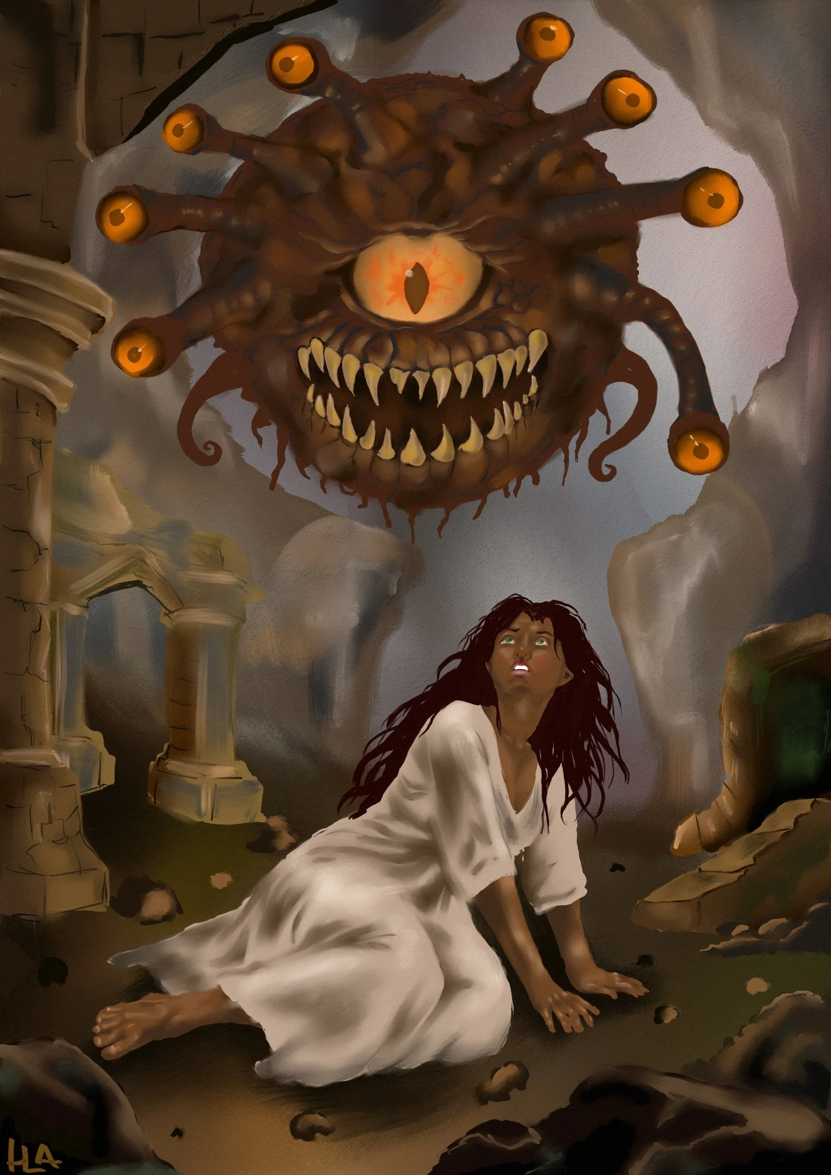A woman in a white dress kneeling on the ground with a frightened expression, looking up at a large, menacing, one-eyed monster with multiple tentacle-like appendages ending in eyes, hovering in a ruined ancient temple setting.