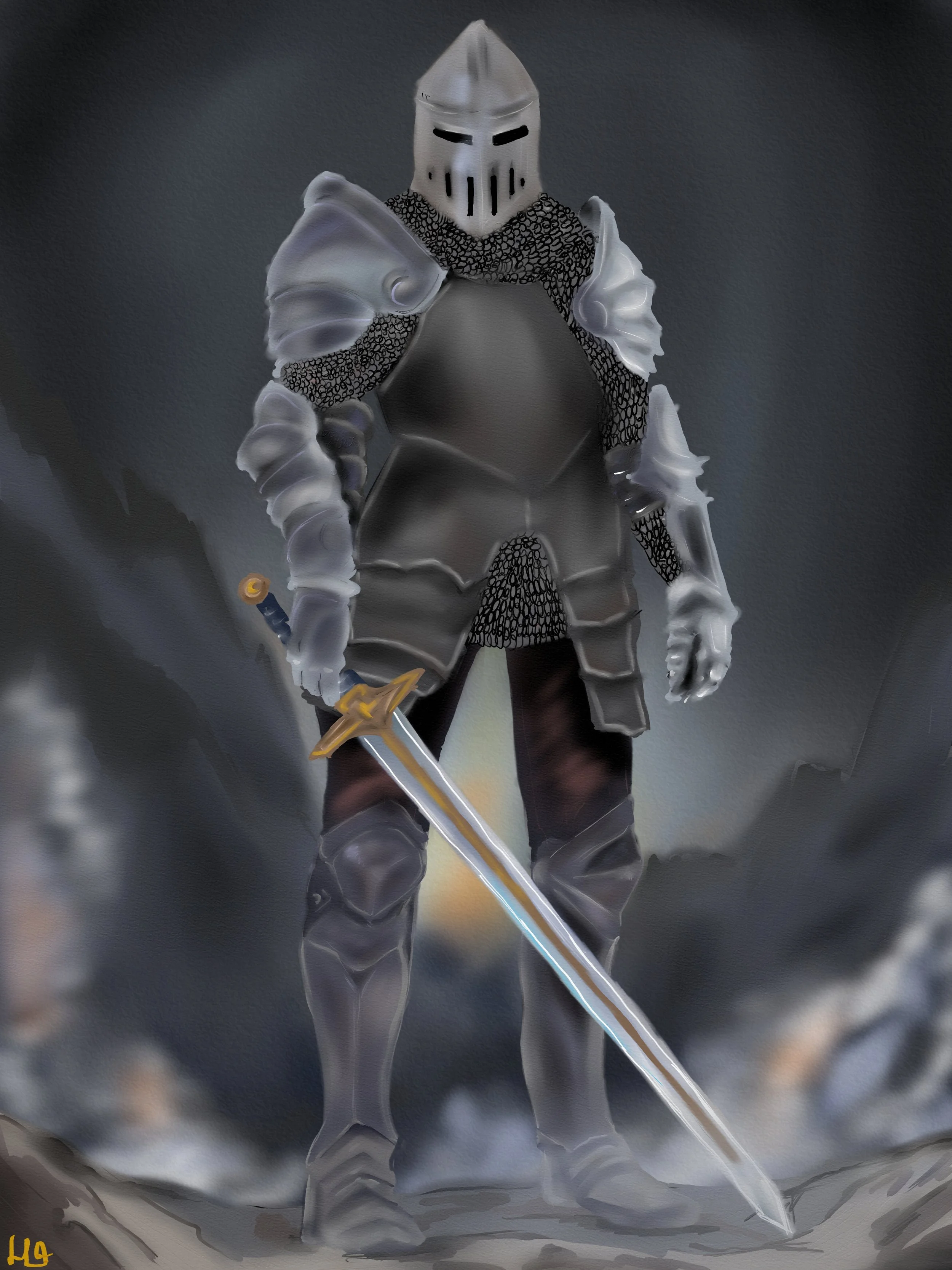 A knight in shining armor holding a sword, standing confidently in a foggy, dark environment.