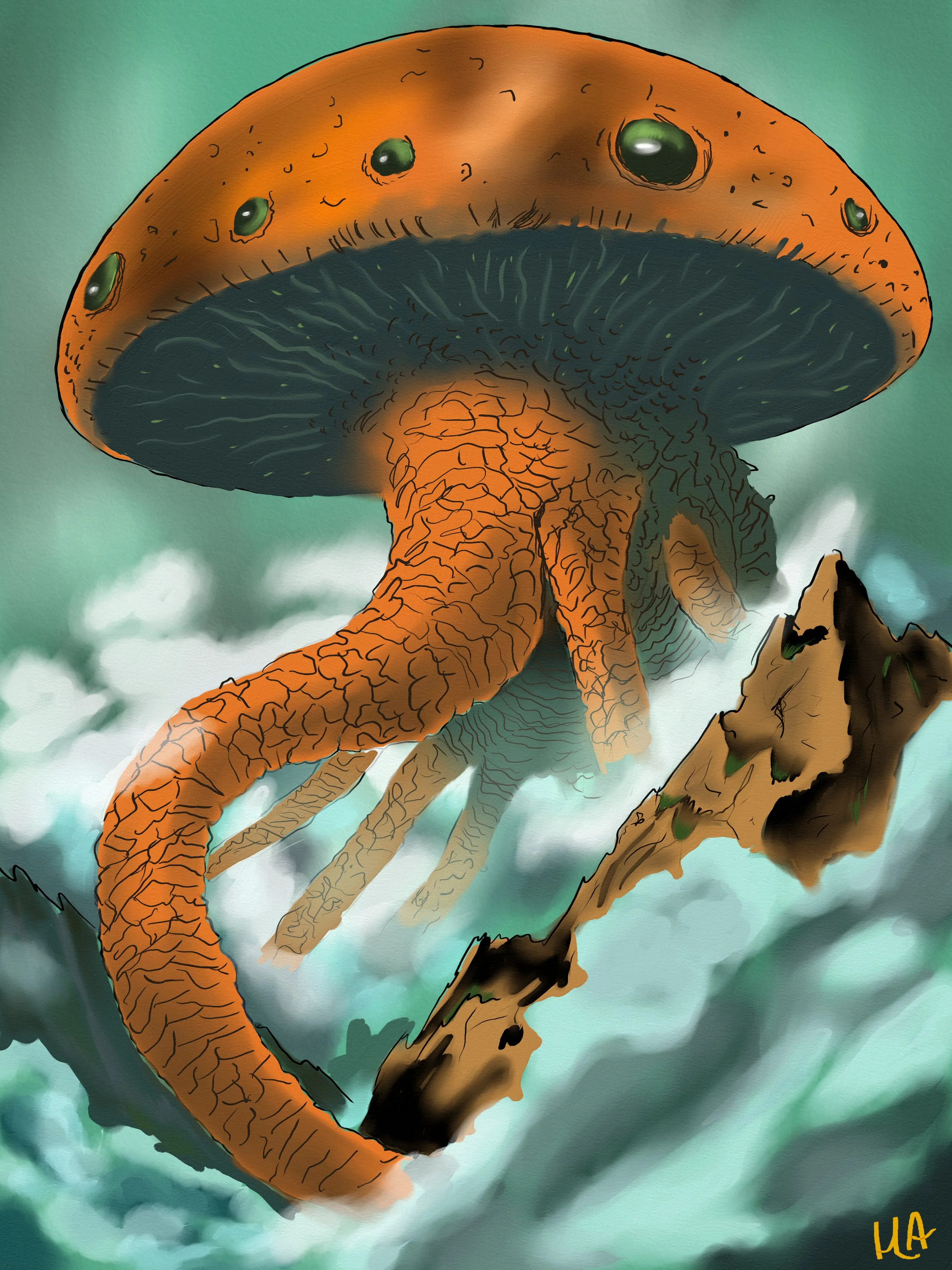 A digitally illustrated giant orange and black mushroom with greenish spots on its cap, growing on a branch in a foggy forest background.