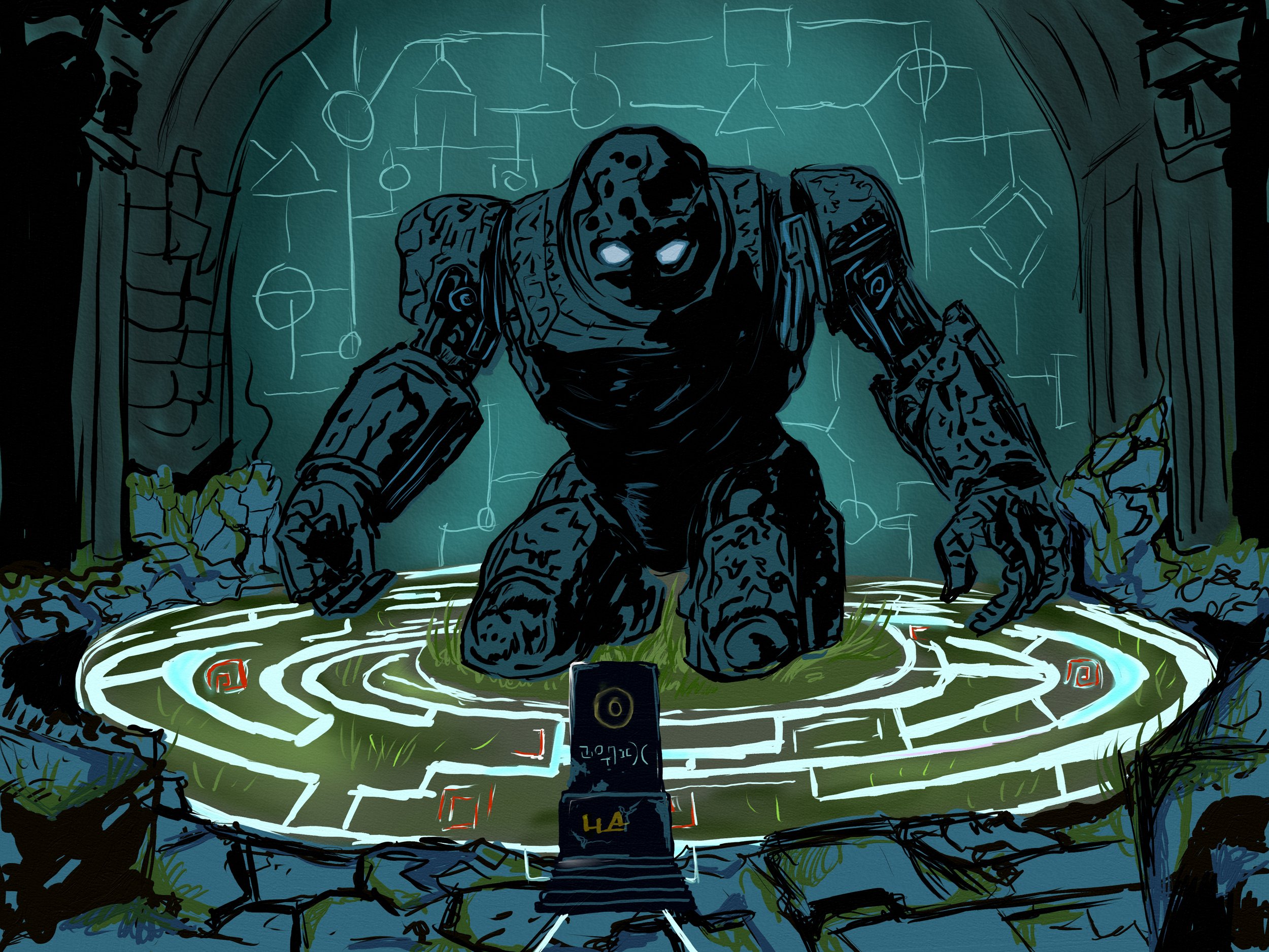 A large, intimidating robot kneeling on a glowing circular map inside a dark, cave-like chamber with futuristic symbols on the walls.