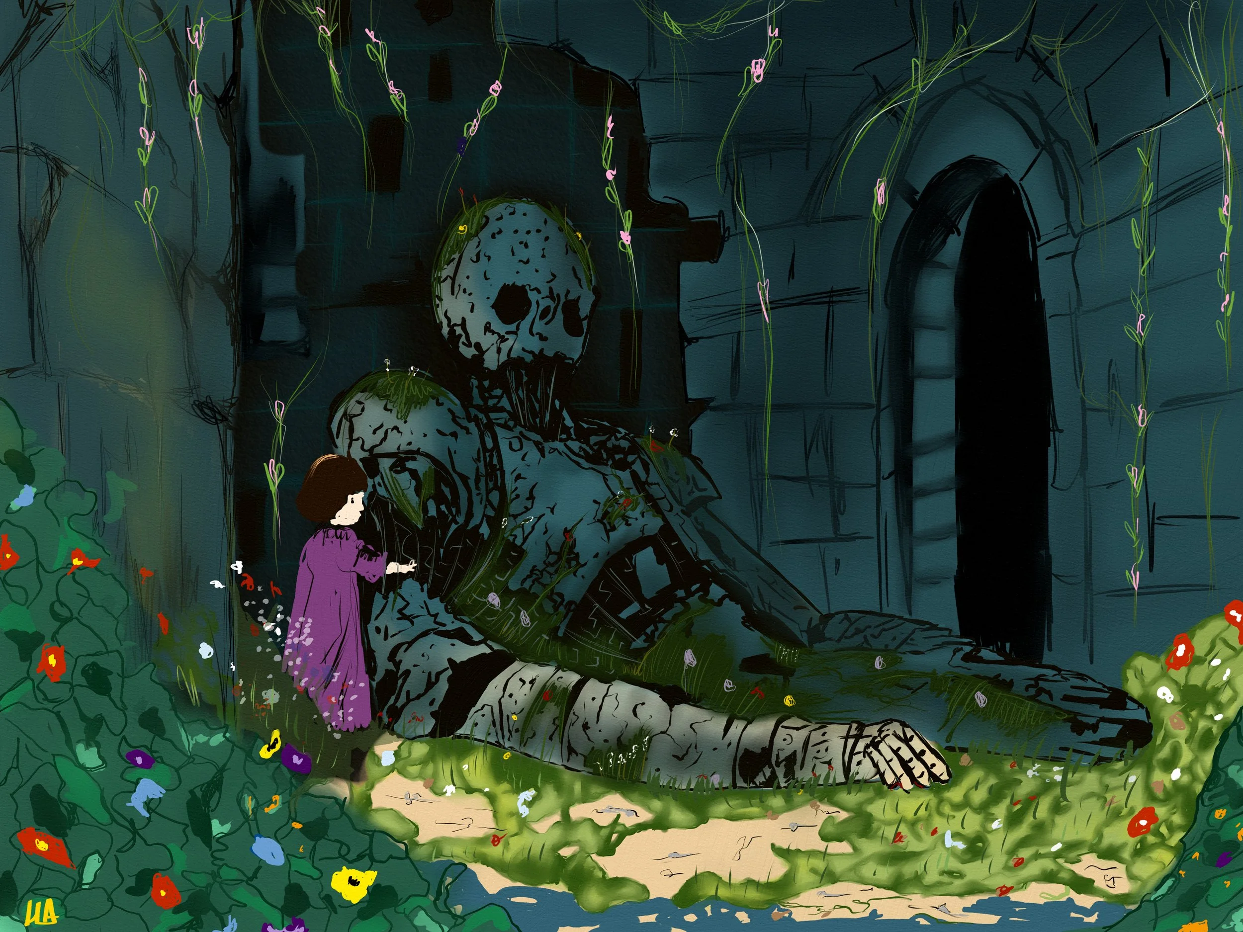 A girl in a purple dress touches a large, broken robot with a skull face in a dark, overgrown setting with flowers and hanging vines.